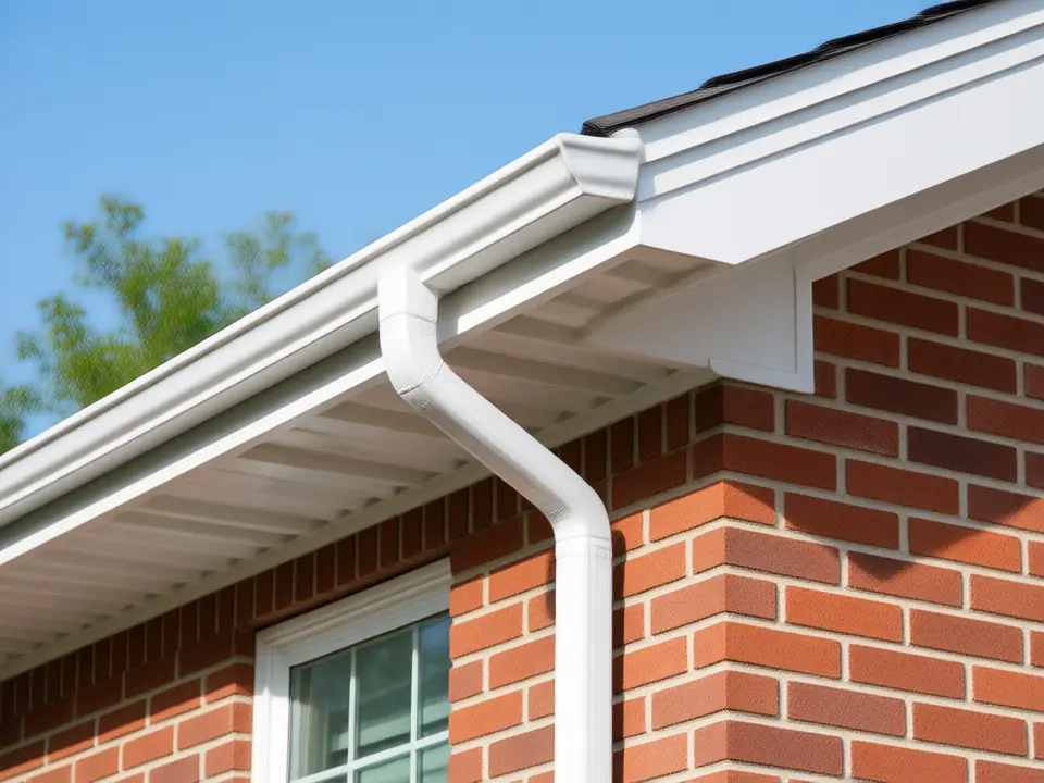 Example image: new white seamless gutter and downspout on a brick home