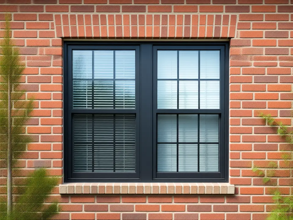 Example image: new black-framed windows on a brick home